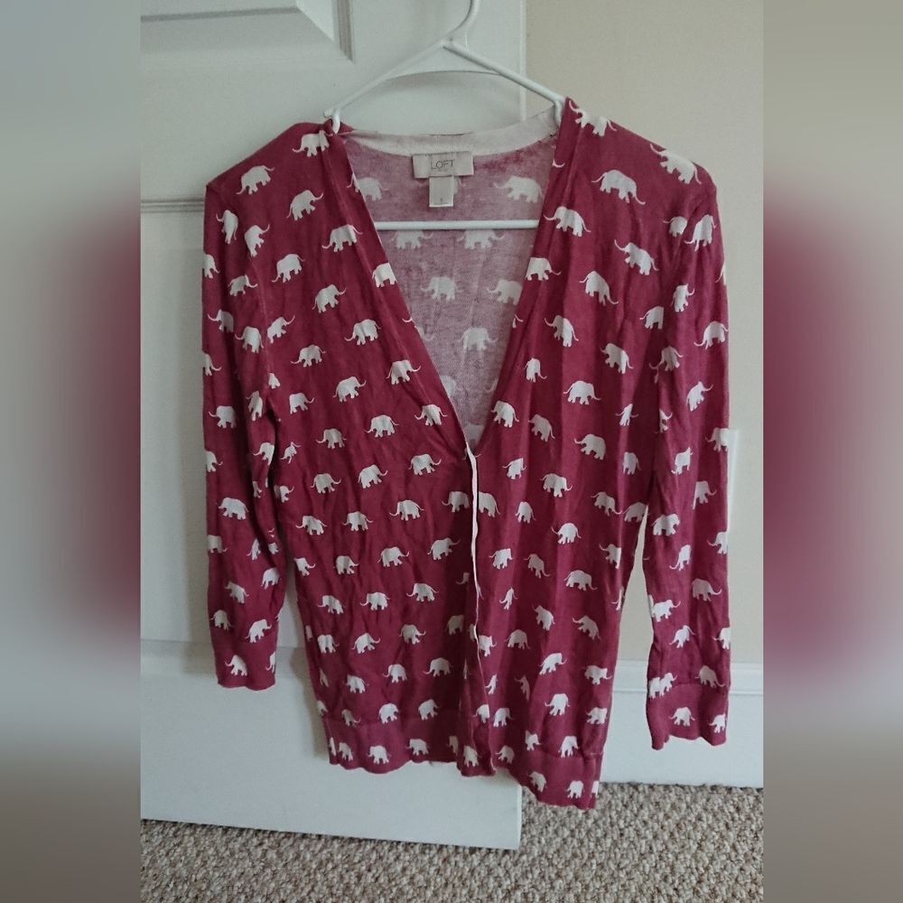 LOFT Elephants print Lightweight Button Front Cardigan Sweater size Small